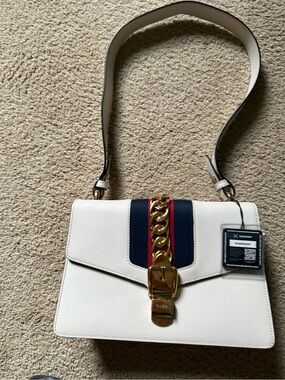Gucci White Sylvie Bag with Navy and Red Stripe and Gold Chain
